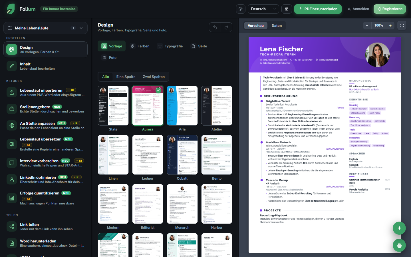 Der Folium-Editor: Vorlagengalerie links, Live-Vorschau des Lebenslaufs rechts.