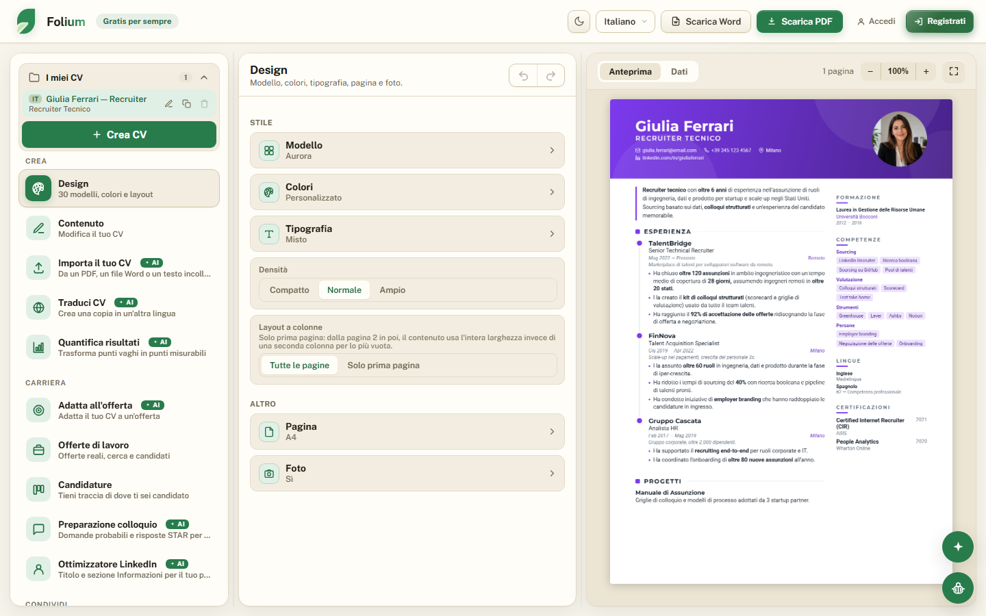 L'editor di Folium: galleria di modelli a sinistra, anteprima dal vivo del CV a destra.