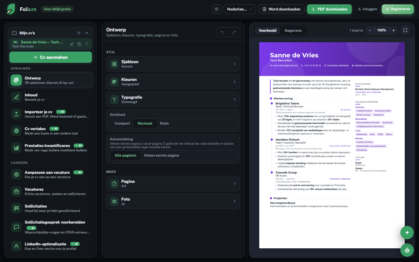 De Folium-editor: sjablonengalerij links, live cv-voorbeeld rechts.