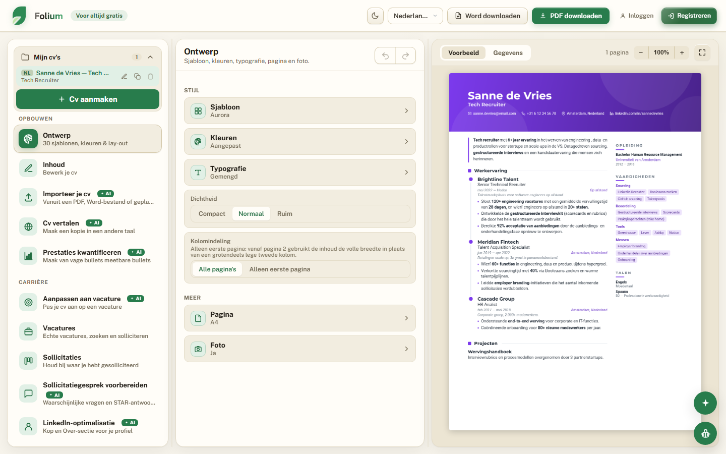 De Folium-editor: sjablonengalerij links, live cv-voorbeeld rechts.