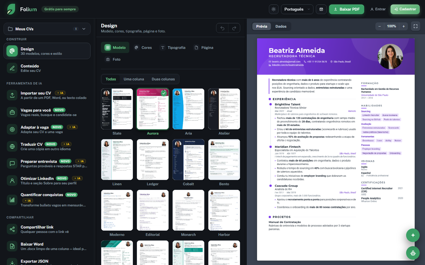 O editor do Folium: galeria de modelos à esquerda, prévia do CV ao vivo à direita.