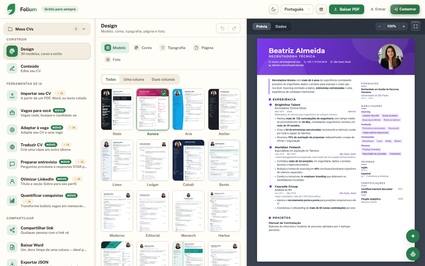 O editor do Folium: galeria de modelos à esquerda, prévia do CV ao vivo à direita.