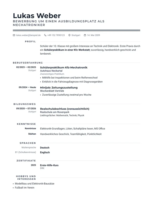 Lebenslauf Muster eines Schülers für einen Ausbildungsplatz, Vorlage Ledger