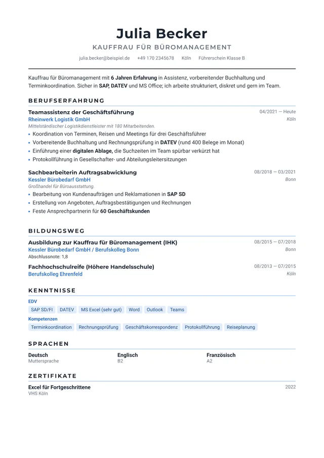 Lebenslauf Muster einer Kauffrau für Büromanagement, Vorlage Classic