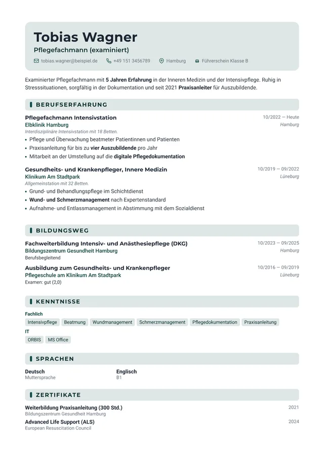 Lebenslauf Muster eines Pflegefachmanns, Vorlage Metro