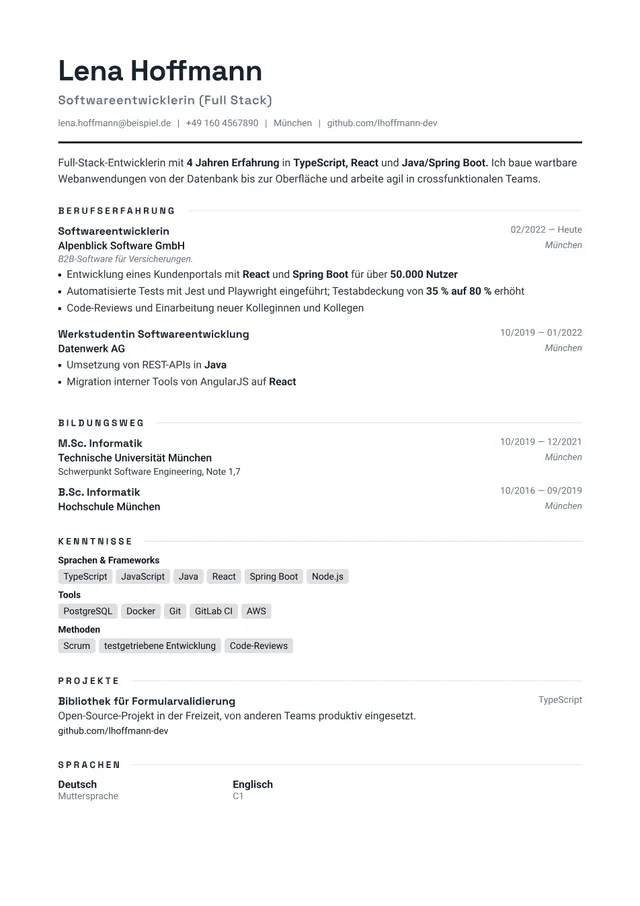 Lebenslauf Muster einer Softwareentwicklerin, Vorlage Swiss