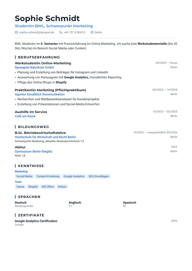 Lebenslauf Muster einer Studentin für eine Werkstudentenstelle, Vorlage Modern